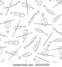 Hand drawn collection of violins and bows. Trendy solid continuous line style.Black and white pattern. Isolated vector seamless background