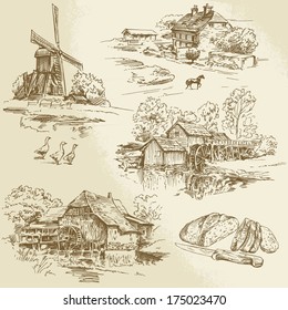 hand drawn collection of watermill and windmill