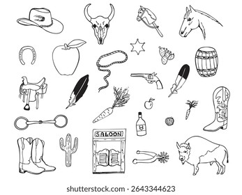 Hand drawn collection of western vector doodles. Line art illustrations with wild west atmosphere, cowboy and cowgirl, sheriff, indigenous, horse staff