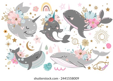 Hand drawn collection with whale and narwhal and flowers in boho style. Vector illustration on a white background