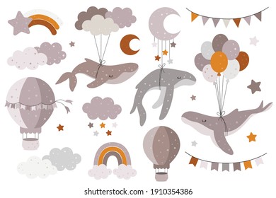 Hand drawn collection with whales, balloons, clouds, rainbows, stars, hot air balloon, bunting for nursery decoration. Perfect for baby shower, birthday, children's party, posters, greeting cards