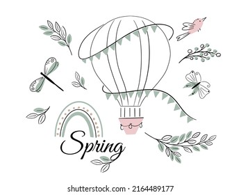 Hand drawn collection with whales, balloons, clouds, rainbows, stars, hot air balloon, bunting for nursery decoration. Perfect for baby shower, birthday, children's party, posters, greeting cards