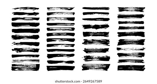 Hand drawn collection of wide abstract ink lines and brush strokes. Grunge set of graphic illustrations for banner template, various design projects. Vector elements isolated on white background.