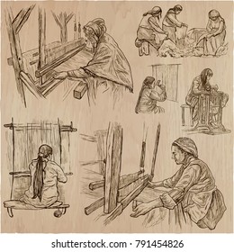 An hand drawn collection. WORKING CLASS heroes - processing of sewing materials. Job. Set of Laborers. Workers in different positions and situations. Vector pack. Line art techniques.