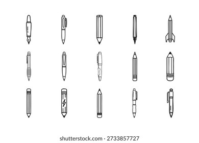 Handgezeichnete Sammlung von Schreibgeräten, Stiften, Bleistiften, Kunstgegenständen
