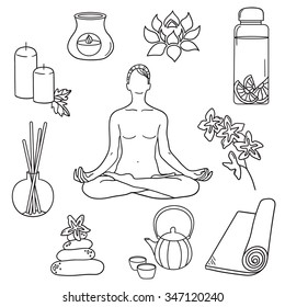 Hand drawn collection of yoga icons. Big set of sketch objects. Black and white illustration with icon set. Decorative elements, background design