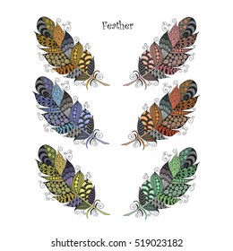 Hand drawn collection of zentangle feather on white background. Vintage tribal feather. Isolated vector illustration, design element.
