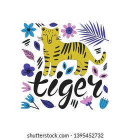 Hand drawn colofrul tiger with flowers. Tiger - word with cute design. Scandinavian style design. Vector illustration