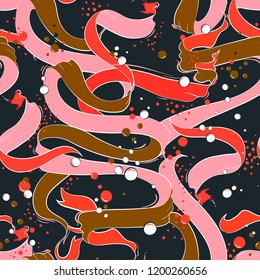 Hand drawn coloful ribbon and bubble flowing design for fashion,fabric,wallpaper,card,and all prints on navy blue background  seamless pattern,vector