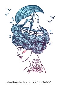 Hand drawn color artwork of a dreaming young beautiful woman with ship in waves of curly swirly sea-like hair and rose tattoo on her neck. Tattoo portrait, zentangle, fashion, marine, postcard.