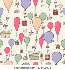 Hand drawn color balloons holding ribbon. Festive template. Vector seamless pattern