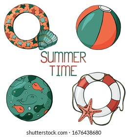 Bolas de playa de color dibujadas a mano y anillos de goma. Ilustración del vector