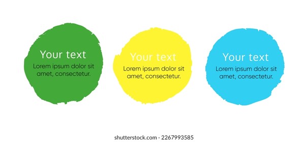 Mano dibujó manchas de color. Splashes ajustados para uso de diseño. Verde, amarillo y azul. Colorida colección de formas de fondo. Vector