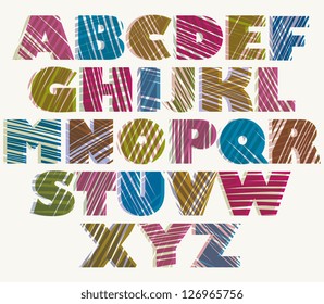 Hand drawn color bold font, sketch style alphabet, vector eps 8.