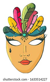 Hand drawn color carnival mask with feathers
