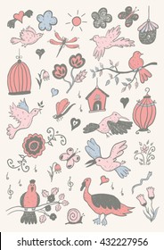 Hand Drawn Color Cartoon Birds Set