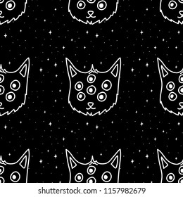 Hand Drawn color cat in space pattern. Illustrations Drawing Vector Sketch for textile, print, poster, background, apparel, t-shirt, wallpaper
