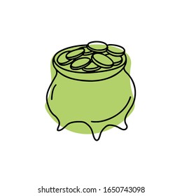 Hand drawn color Cauldron with coins st Patrick's day and holiday doodle sign symbol vector illustration. Outline icon pot isolated on white background. Design for poster, greeting card, banner, print