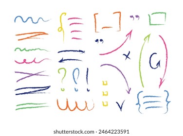 Hand drawn color charcoal arrows vector set. Crayon scribble lines, swirls arrows, scrawls. Doodle kids marker or chalk drawing. Direction pointers.