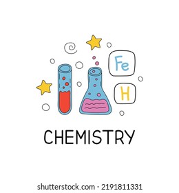 Juego de iconos de la química de color dibujado a mano y de la ciencia. Recogida de equipos de laboratorio en forma de doodle. Química infantil y ciencia