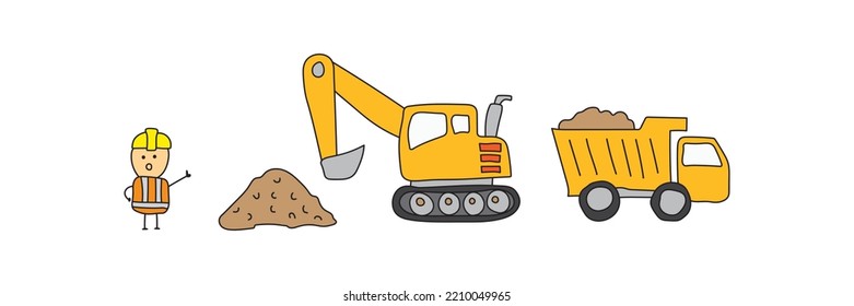 Hand drawn color children construction set dump truck excavator. Cute heavy duty construction transport vehicles