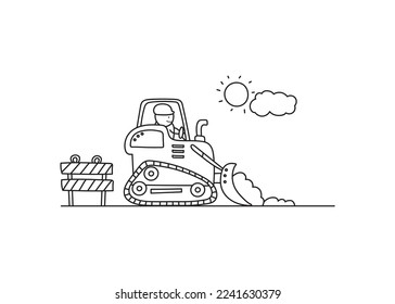 Hand drawn color children construction worker riding a bulldozer