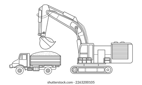 Hand drawn color children construction medium size excavator with dump truck clipart