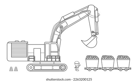 Hand drawn color children construction medium size excavator with mining carts and construction worker clipart