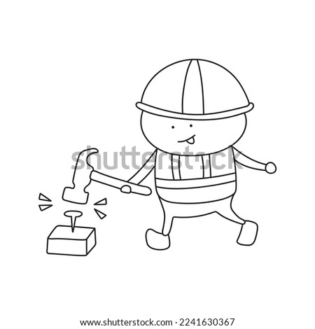 Hand drawn color children construction worker hammering nail