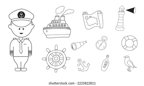 Hand drawn color children sailor set with all sailor equipment and tools. Cute ship captain boat lighthouse sea and ocean sailing tools.