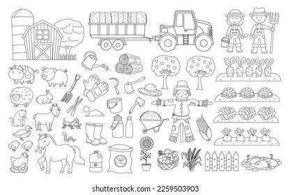 Hand drawn color children Vector illustration of Farming supplies and equipment with Farmers, barn, animals, and tractor. Farm concept with plants, fruits, vegetables and other organic products