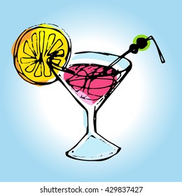 Hand drawn color cocktail vector. Cocktail glass vector. Summer cocktail vector. Vector illustration.