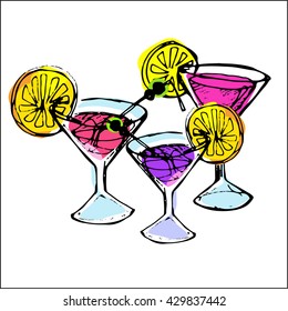 Hand drawn color cocktail vector. Cocktail glass vector. Summer cocktail vector. Vector illustration.