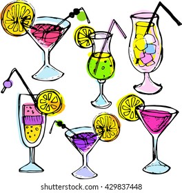 Hand drawn color cocktail vector. Cocktail glass vector. Summer cocktail vector. Vector illustration.