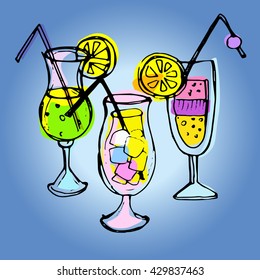 Hand drawn color cocktail vector. Cocktail glass vector. Summer cocktail vector. Vector illustration.
