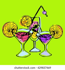 Hand drawn color cocktail vector. Cocktail glass vector. Summer cocktail vector. Vector illustration.