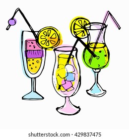 Hand drawn color cocktail vector. Cocktail glass vector. Summer cocktail vector. Vector illustration.
