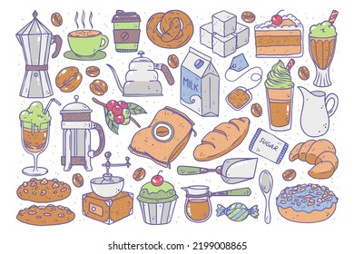 Hand Drawn Color Coffee Shop Icon Collection