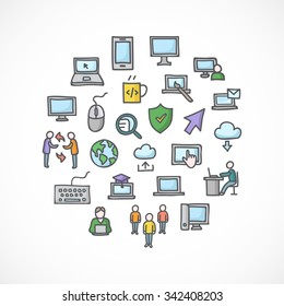 Hand drawn color computer and internet icons on white background