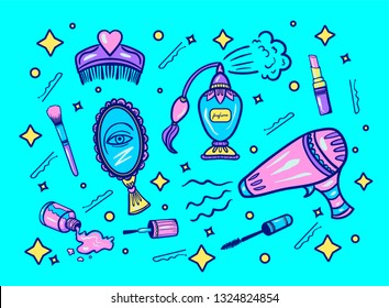 hand drawn color cosmetic set: hair dryer, mirror, nail polish, perfume, hairbrush, lipstick, brush, mascara