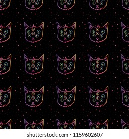 Hand Drawn color cosmic cat in space pattern. Illustrations Drawing Vector Sketch for textile, print, poster, background, apparel, t-shirt, wallpaper