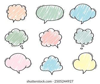 Hand drawn color crayon speech bubble frame set stylish handwritten speech bubble freehand decoration. 