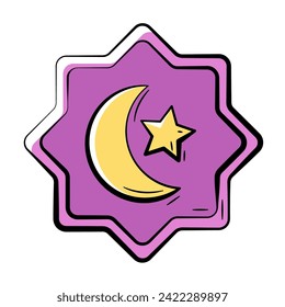 Hand Drawn Color Crescent Moon and Star.
Doodle Islamic Icon Collections