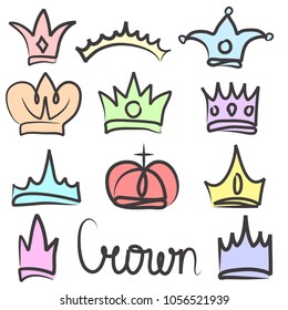 Hand drawn color crowns logo and icon  design set collection