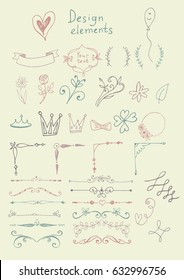 Hand drawn color design elements isolated on beige background. Vector illustration.