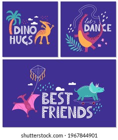 Hand drawn color dinosaurs vector postcard set. Dino characters cartoon background with lettering. Scandinavian illustration. Kids poster, fabric
