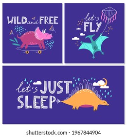 Hand drawn color dinosaurs vector illustration set. Isolated dino characters cartoon with lettering. Kids poster, postcard, fabric, backdrop