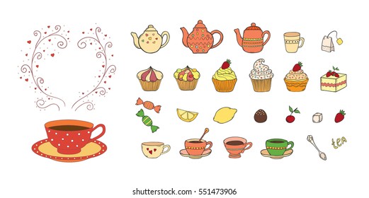 Hand drawn color doodle cartoon illustration set with tea objects and symbols. Tea, teapot, cups, sweets and pastry in sketch style. Elements for design