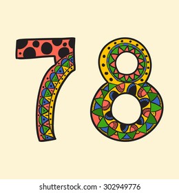 Hand Drawn color doodle numbers vector illustration. African, Indian, totem, tattoo design. It may be used for design of a t-shirt, bag, postcard, a poster and so on.