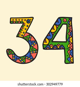 Hand Drawn color doodle numbers vector illustration. African, Indian, totem, tattoo design. It may be used for design of a t-shirt, bag, postcard, a poster and so on.